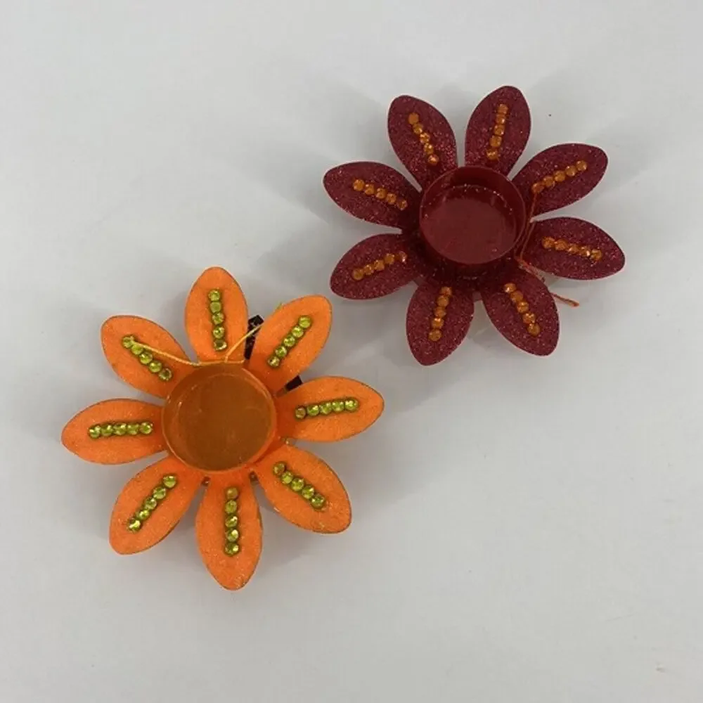 Lot Of 2 Red/orange Flower Tealight Holder With Glitter And Rhinestone Embellish